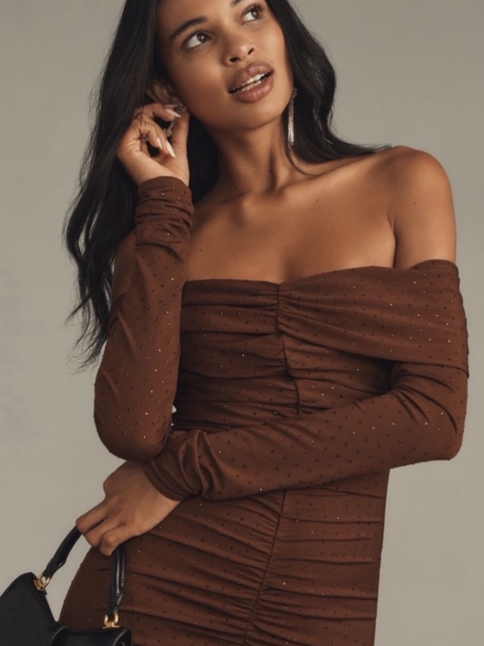 Anthro  Bardot Artura Diamante Fitted Off shoulder Ruched Maxi Dress Event Dates